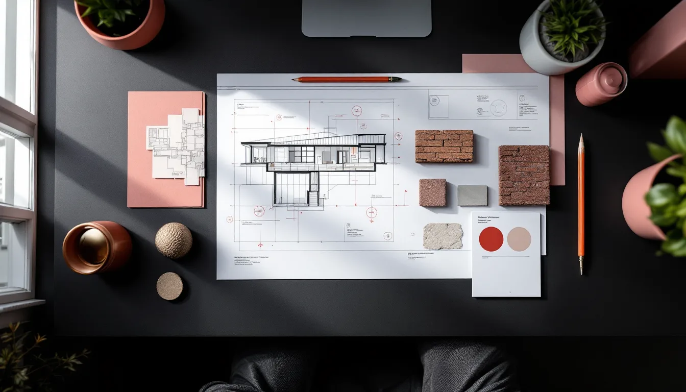 Overhead view of the studio desk: a section drawing marked up in red pen, oak, brick, frosted glass and bronze finish samples, a sun-path diagram and a colour-calibration card