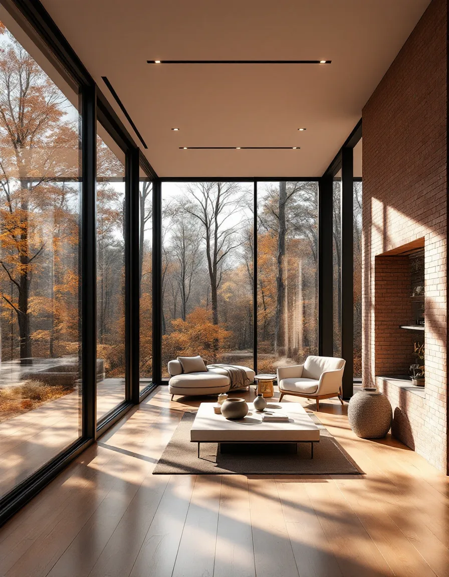 Rendered interior of a glass pavilion: afternoon light casts long mullion shadows across an oak floor toward a brick core